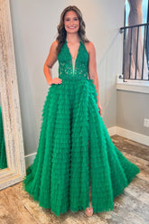 Dark Green Halter Neck A-Line Tulle Tiered Long Corset Prom Dress with Appliques